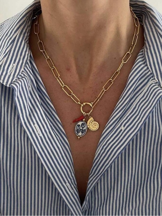 Jewelry - New! Blue Oil Drip Porcelain Charm Gold Paperclip Chain Necklace (1056) NWOT